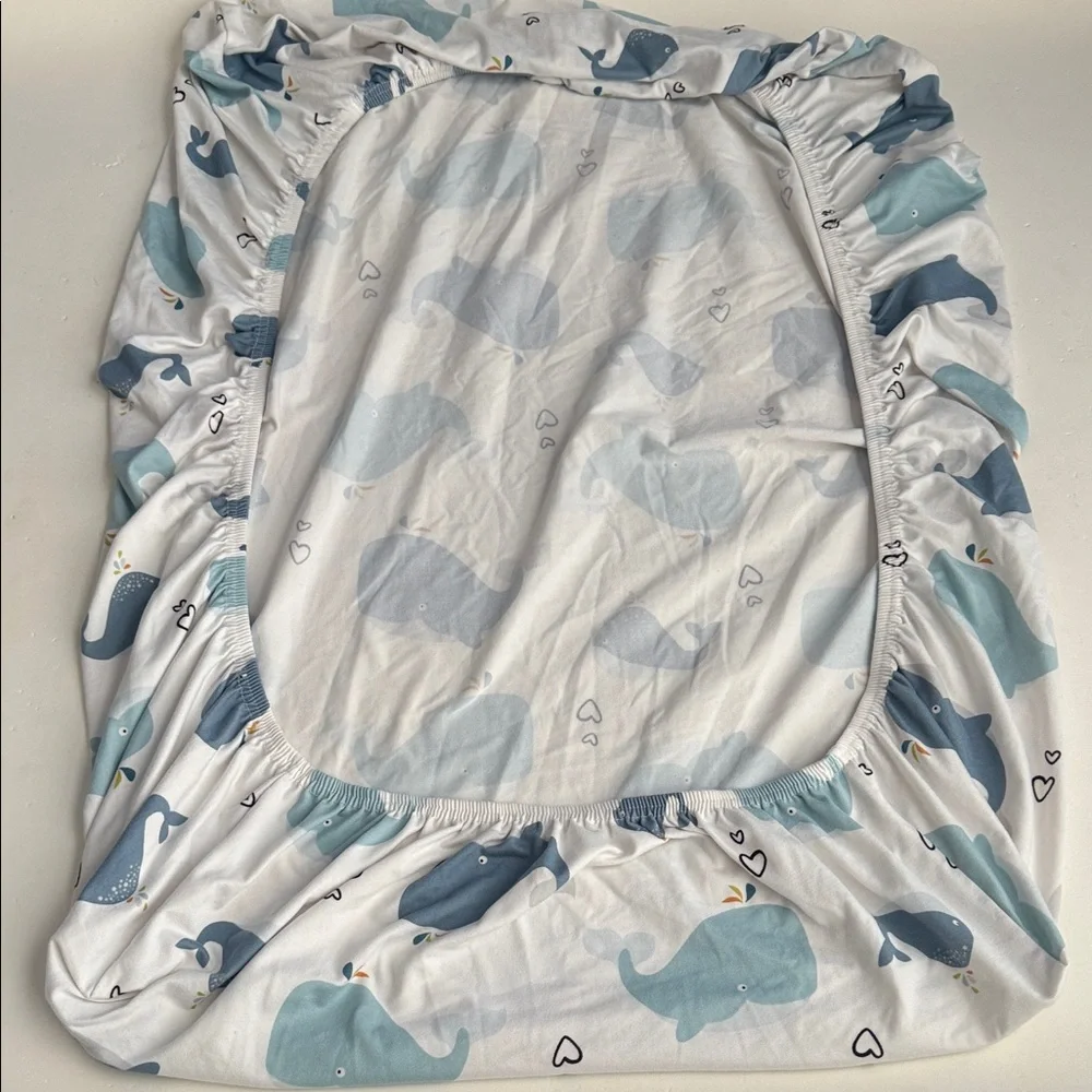 Pack n Play/Mini Crib Baby Bed Sheet Whale Print Fabric in Blue and White